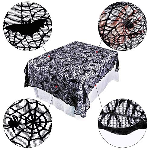 Halloween Bat Spider Web Lace Tablecloth - 60x84 Inch, Black Polyester, Spooky Decor