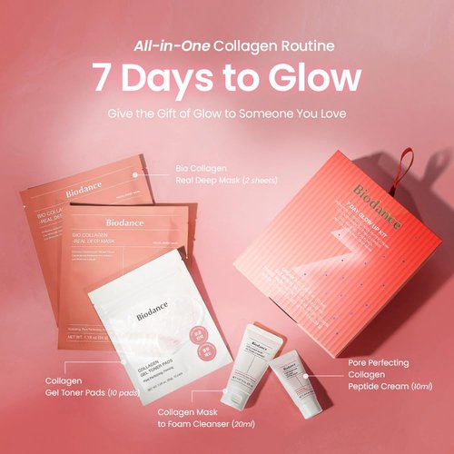 BIODANCE 7 Day Glow Up Kit: Collagen Gift Set for Glass-Skin, Korean Skin Care with Mask to Foam Cleanser, Toner Pads, Moisturizer, Gel Masks, Valentines Day Gifts for Her, Skin Care Set