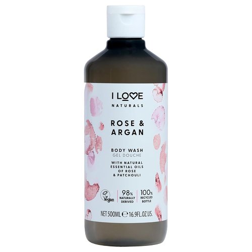 I LOVE Naturals Rose & Argan Body Wash - Moisturizing Plant-Based Cleanser - Infused with Essential Oils - 16.9 oz