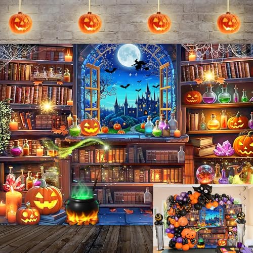 Halloween Magic Photography Backdrop 8x6 ft Witch Scene Window Bookshelf Banner - Folded