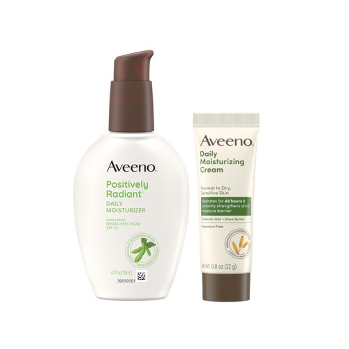 Aveeno Skincare Bundle, Positively Radiant Daily SPF 15 Facial Sunscreen Moisturizer + Soy, 4 fl. oz, & Travel Size Daily Moisturizing Cream for Body, Face, & Hands, 0.8 oz, Two Pack, 2 Items