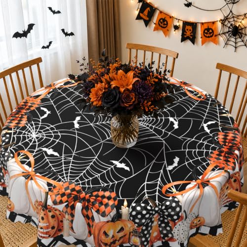 Halloween Pumpkin Dots Bat Spider Web Round Tablecloth 60x60 Inch - Waterproof & Wrinkle-Resistant Halloween Decor Variation of THIS listing