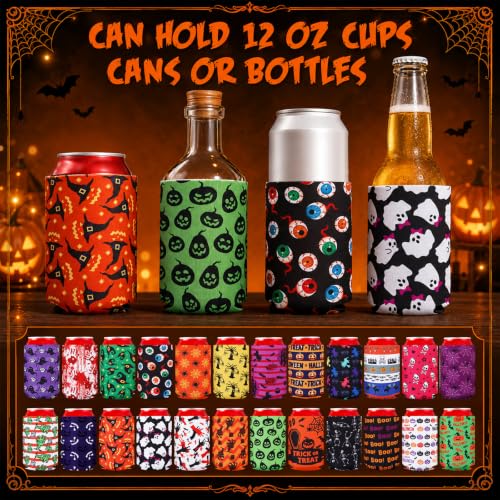 Halloween Can Cooler Sleeves 24 Pack - Horror Style Neoprene Drink Covers - 12oz