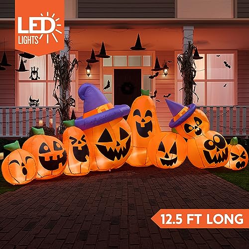 12.5 Ft Halloween Inflatable Pumpkin Yard Decoration with LED Lights and Witch Hats