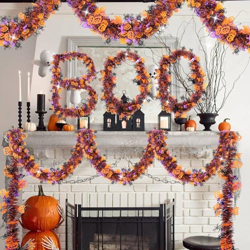 Halloween Tinsel Garland Decorations - Orange, Purple, Black with Pumpkins & Bats - 33 FT - Indoor Outdoor Festive Decor