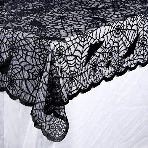 Halloween Bat Spider Web Tablecloth - 60x104 Inch Black Lace Decor with Bat & Cobweb Design - Spooky Party Table Cover