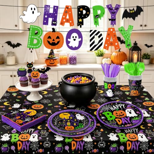 Halloween Party Supplies Set with Plates, Napkins, Cups, Balloons & Decorations for 24 Guests