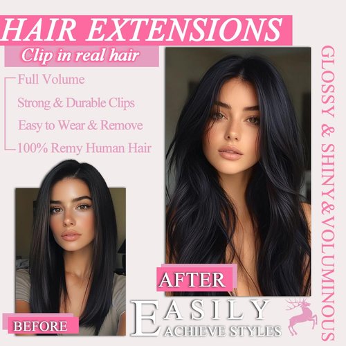 Clip in Hair Extensions, 7Pcs 18 Inch Straight Human Hair Extensions, #1 Jet Black Extensions Real Human Hair, 95g Double Weft Invisible Seamless Real Hair Extensions Clip in Human Hair