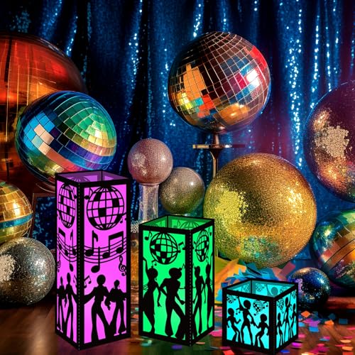 Disco Lantern Centerpieces Set - 12 LED Colored Candles & Paper Lights, Black Pink Green Variations