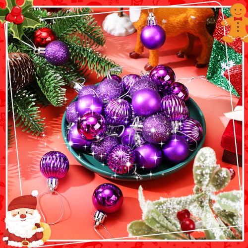 48 Pcs Purple Christmas Mini Ball Ornaments - Glitter Holiday Tree Decorations, 1.2 Inch