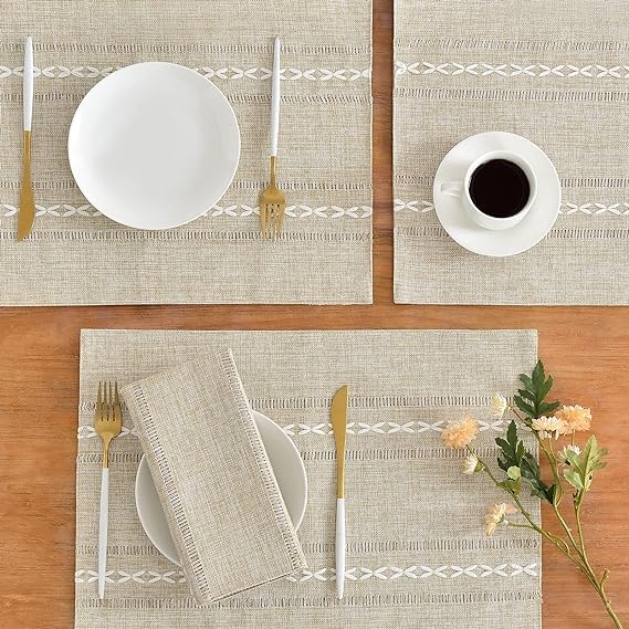 Hemstitched Cotton Linen Place Mats Set of 6 - Coffee Embroidered Boho Table Decor