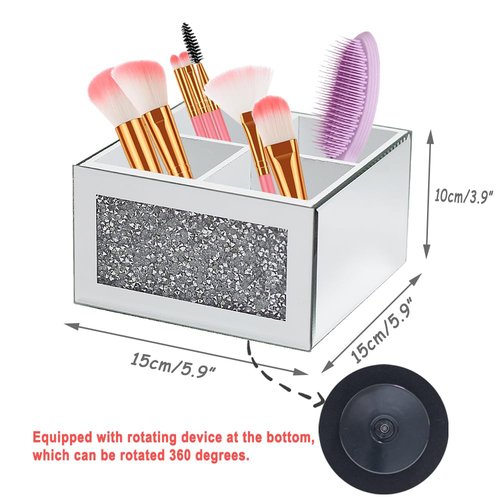 HMRCYTE Rotating Makeup Brush Holder Glass, 360 Rotating Crystal Makeup Brush Organizer, Cosmetic Brush Storage Box Crushed Diamond Home Decor Silver Glass Brush Holder for Vanity Dresser 4 Slots
