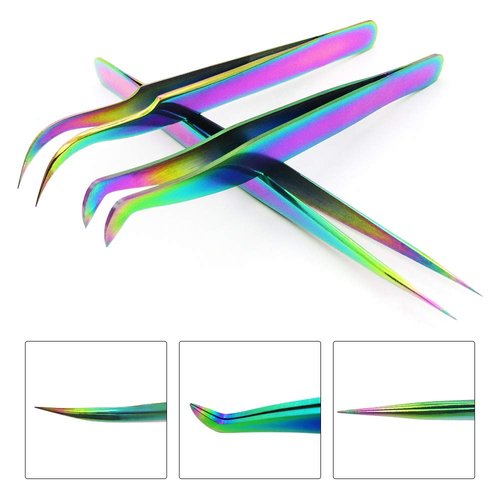 Quewel Eyelash Extension Tweezers Set Eyelash Applicator Tool Curved and Straight pointed Tweezers Lash Extension Supplies Stainless Steel Precision Tweezers Silver (3 pcs, Rainbow)