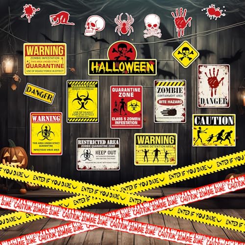 Halloween Zombie Warning Signs & Caution Tape Set for Indoor Outdoor Decor