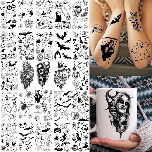 Halloween Temporary Tattoos Skull Design for Kids & Adults - 52 Sheets, Waterproof, 3D Face & Body Stickers, Spooky Face Skull Variation
