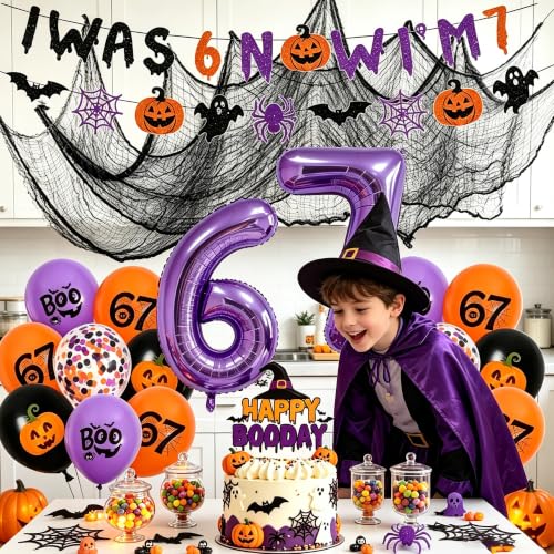 Halloween 7th Birthday Party Decorations Set with Banners Balloons and Cake Topper