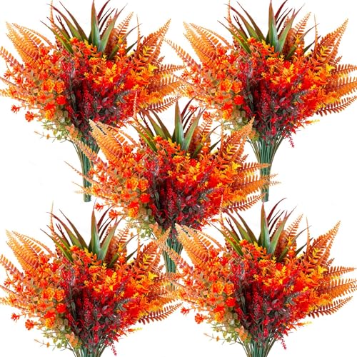 Artificial Fall Flowers Bundle - Autumn Orange & Red Decor for Indoor & Outdoor Seasonal Displays