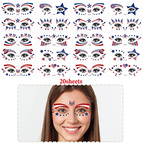 Patriotic 4th of July Temporary Tattoo Stickers - USA Flag & Stars, 20 Sheets