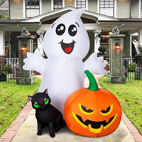 5FT Inflatable Ghost with Black Cat and Pumpkin Halloween Yard Decoration with LEDs