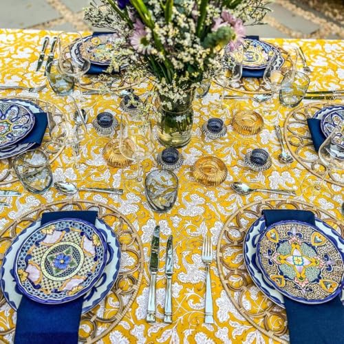 Saffron Yellow Hand Block Print Cotton Tablecloth 118x70 Rectangular - Farmhouse & Rustic Home Decor