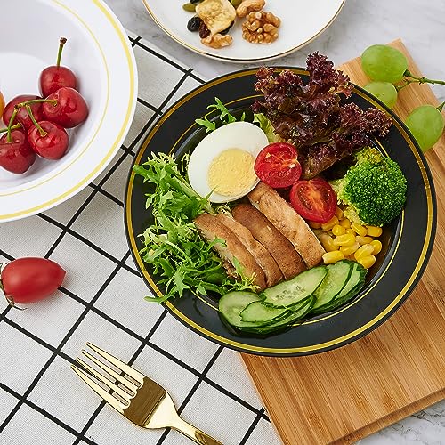 Disposable Black Soup Bowls 50 Pack - 12oz Elegant Gold Rim Design