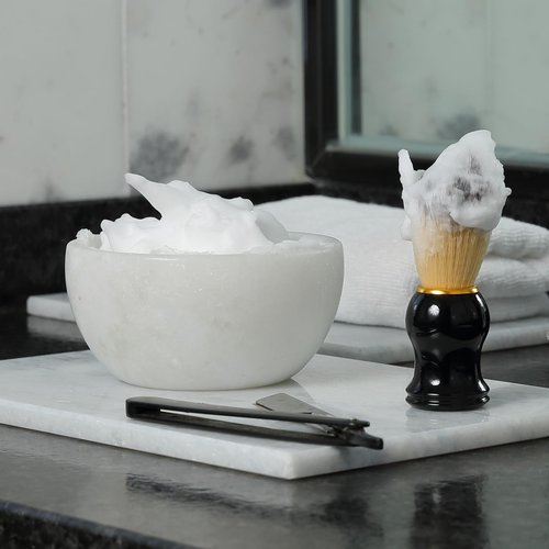 Koville White Marble Shaving Soap Bowl Handmade from Natural Marble, Heat Retaining Stone Provides a Luxurious Hot Shave Experience, Shaving Bowl Gift for Men with 2 Pack Shaving Brush
