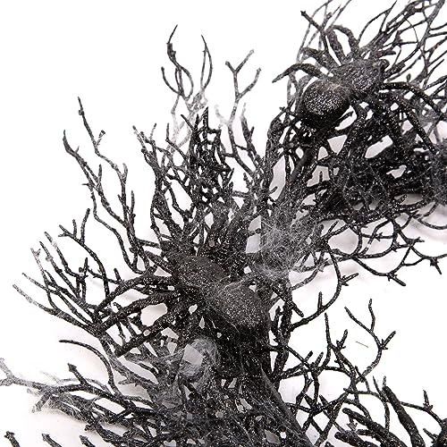 Halloween Wreath Black 18 Inch Door Decor with Spiders & Webs - Skrantun