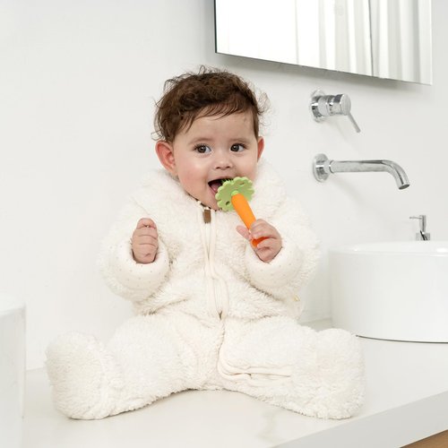 Papablic Baby Toothbrush Teether, 360° Carrot Toothbrush Teething Toy with Suction Base, Easter Gift Travel Essentials for Toddler Infants 6-12 Months