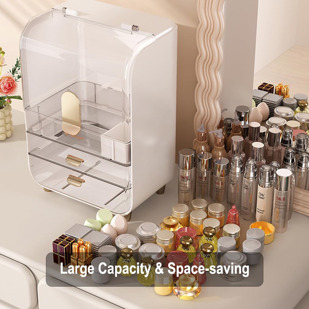 Wi4you Makeup Organizer for Vanity, Large Capacity Cosmetic Organizer Trendy Stuff, Clear Cosmetic Display Case with Flip-top Lid and 2-Tier Drawer for Bathroom Countertop, Bedroom Dresser (White)