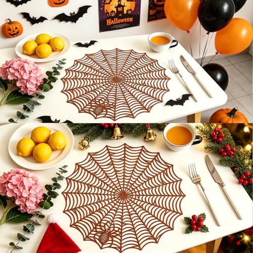 Halloween Spider Web Placemats - Brown 15 Inch Reusable Table Mats for Party & Dining