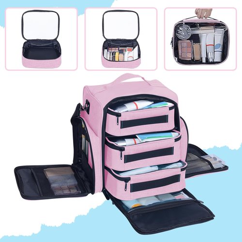 BAOMANYUHA Large Makeup Bag Cosmetic Case Organizer with 3 Inner Removable Pouches Multifunctional Travel Train Storage,Pink