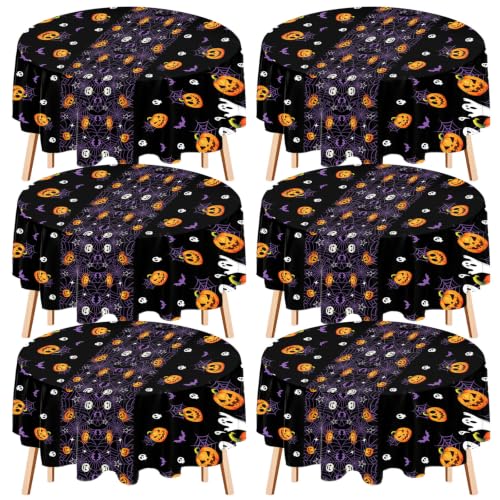 Breling 6 Pcs Halloween Spider Web Round Plastic Tablecloth 84 Inch - Spooky Decor