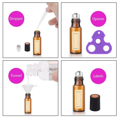 Easytle 96 Pack Essential Oil Roller Bottles, Amber Glass Roller Bottles 5ml, Roller Balls for Essential Oils, Roll on Bottle (384 Pieces Labels, 16 Funnels, 16 Dropper, 8 Opener)
