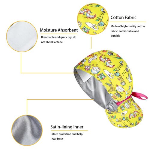 8Pcs Satin Lined Scrub Caps Women, Surgical Caps for Women, Adjustable Scrub Hats Womens Ponytail with Button and Sweatband, Nurse Cap for Unisex, Working Cap, Elastic Ponytail Pouch Tie Back