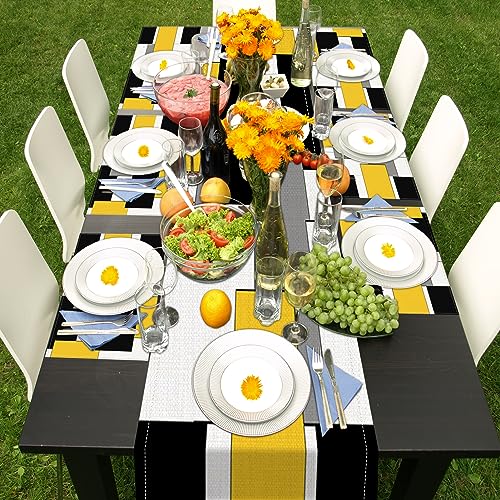 ArtSocket Geometric Yellow Linen Table Runner & Placemats Set of 6 - Abstract Modern Dining Decor