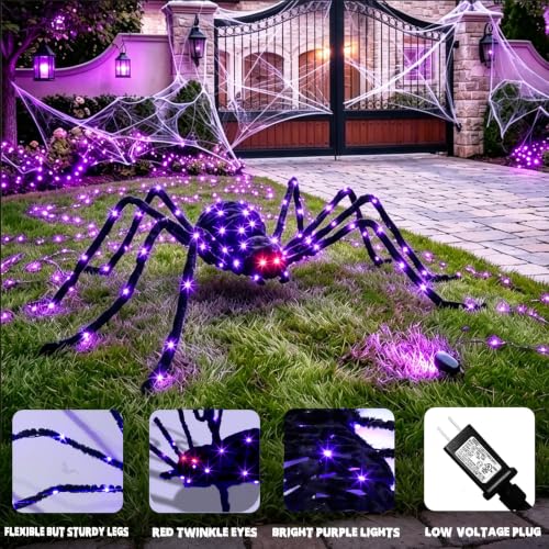 Giant Halloween Spider Light Up Outdoor Decoration - 5ft, Purple & Red Lights, Waterproof, Bendable Legs, Spider Variation