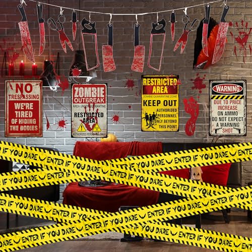 Halloween Caution Tape Roll 30 Feet with Warning Signs - Indoor Outdoor Haunted House Decor