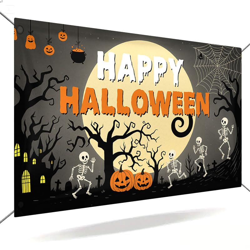 Halloween Banner 71x43 Inch Fabric Backdrop with Skeletons Pumpkins Haunted House MulticolorB76