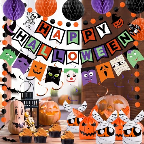 Party Spot! 64pcs Halloween Party Decorations Banner & Treat Bags - Indoor Outdoor
