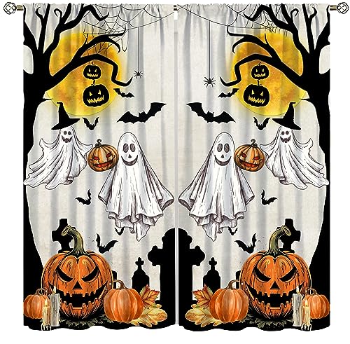 Halloween Curtains for Living Room - 42x45 Inch Cartoon Ghost Pumpkin Moon Decor - Orange Pack of 2