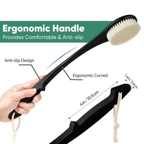 Back Scrubber for Shower, 17-Inch Shower Brush for Men and Women, Long Handle Exfoliating Body Brush, Medium Bristle Stiffness for Dry or Wet Brushing (Black)