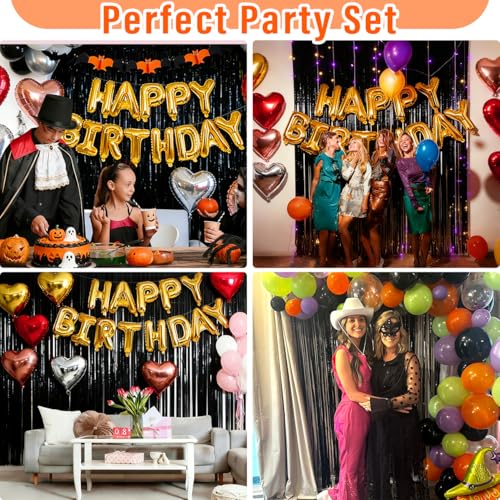 Black Birthday Party Decorations Kit with Foil Banner & Balloons - Includes Tinsel Curtains & Heart Balloons