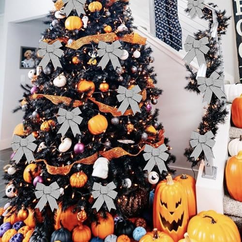 Christmas Bow Set - Black and White Striped Ribbons for Tree, Wreath & Gift Decor, 12 Pcs