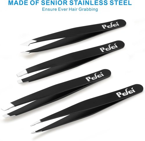 Pefei Tweezers Set - Professional Stainless Steel Precision Tweezers for Eyebrow & Facial Hair Removal | Black