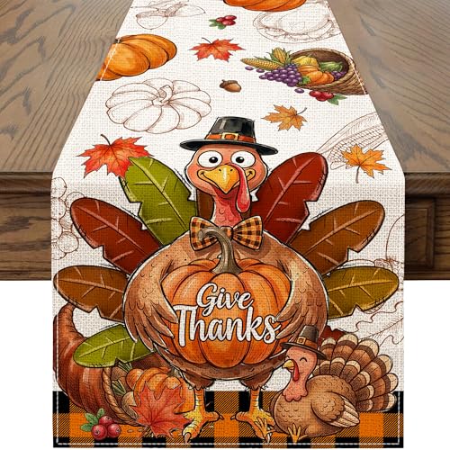 Thanksgiving Table Runner 13x108 Inches - Fall Decor, Turkey & Pumpkin Design