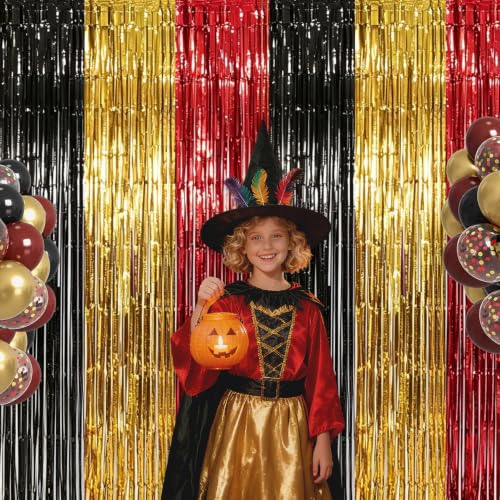 Red Black Gold Foil Fringe Curtains - 2 Pack, 6.56 x 6.56 ft Party Decorations