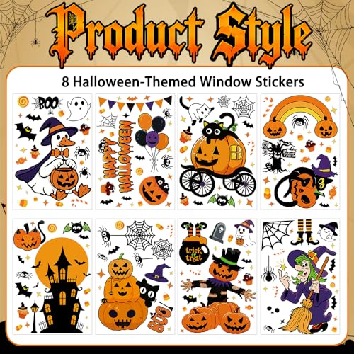 Halloween Window Clings Decor - 8 Large Electrostatic Stickers for Doors and Windows