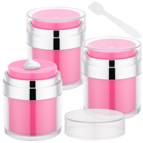 Segbeauty 1.7oz Airless Travel Toiletry Bottles Empty Jar, 3pcs Refillable Pink Lotion Pump Dispenser Bottle Containers, 50ml Small Travel Size Bottles with Pump, Leak Proof Cosmetic Vacuum Cream Jar