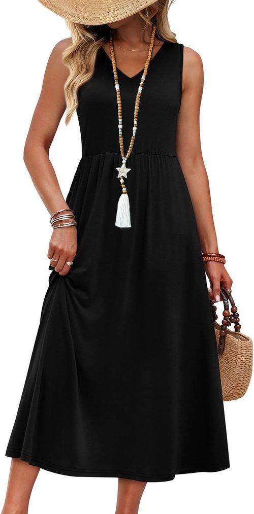 OFEEFAN Summer Dresses for Women - Flowy Casual Midi Dress with Pockets | V-Neck Beach Vacation Style