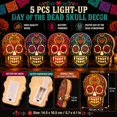 Day of The Dead Skeleton Table Decor - Lighted Sugar Skull Set of 5 - Halloween & Party Accent